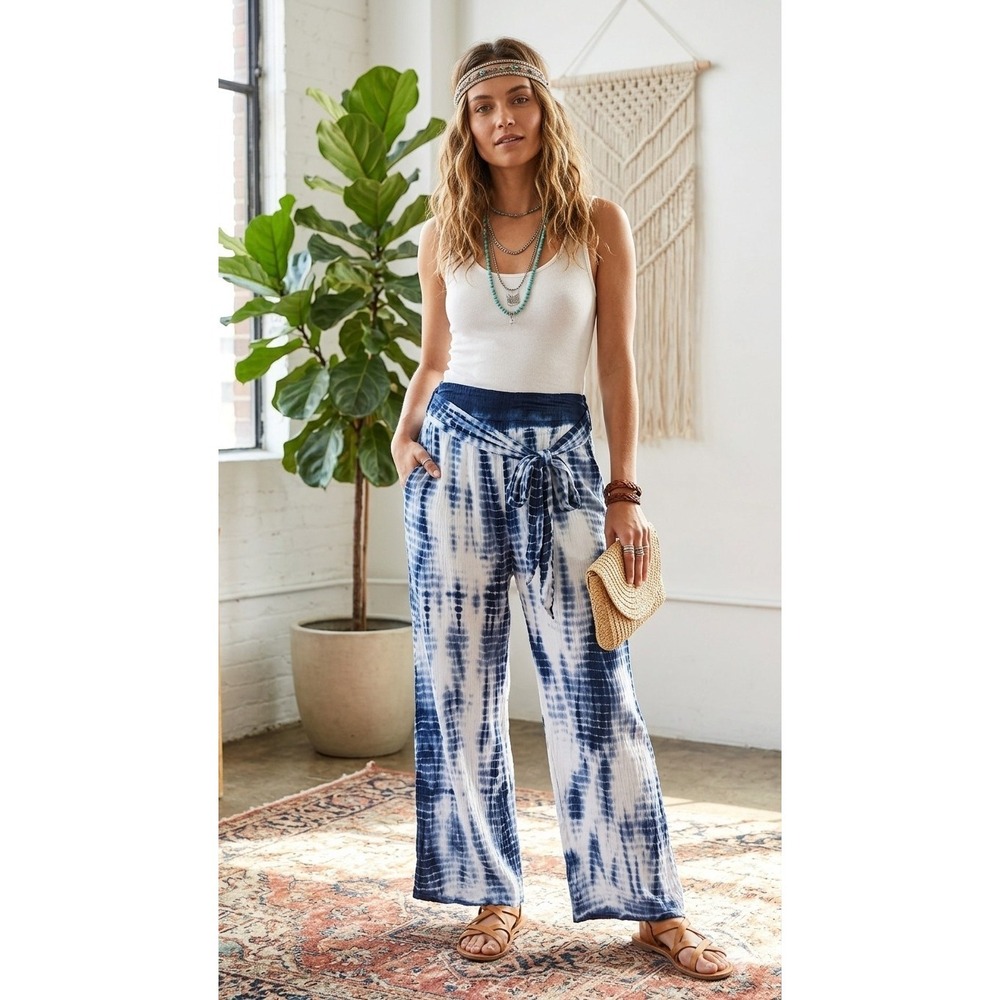 Greater Good Tie Dye Boho‎ Wide Leg Lounge Pants Blue White L/XL Women